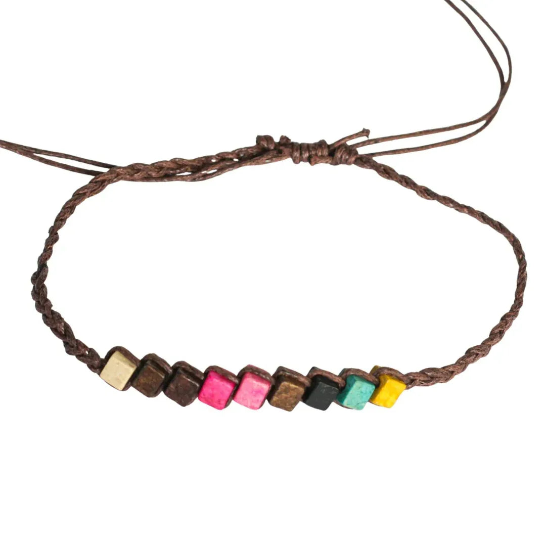 Wooden beaded anklet on brown plaited cord with colourful beads