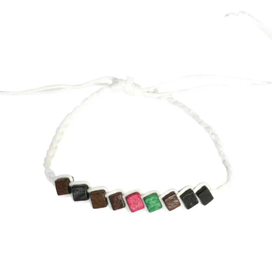 White cord wooden beaded anklet with mixed colour beads and subtle rainbow feel