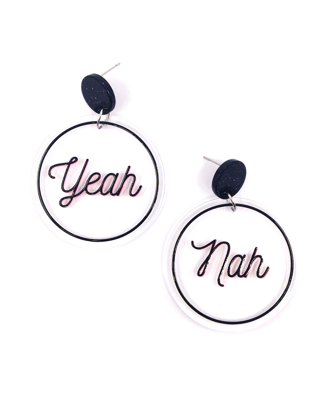 Yeah Nah acrylic statement earrings with black script on clear round charms and glitter black studs.