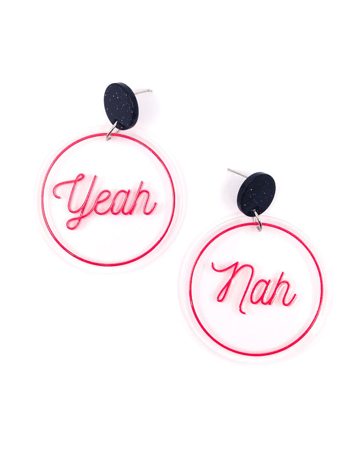 Yeah Nah acrylic statement earrings with pink script on clear round charms and glitter black studs.