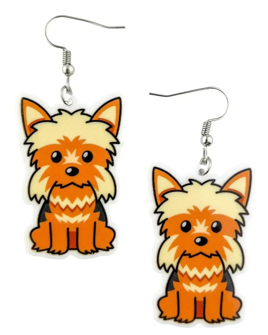 Yorkie the Puppy drop earrings, seated Yorkshire terrier acrylic charm on silver hooks