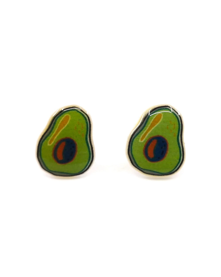 Half cut avocado stud earrings with lightweight acrylic design and stainless steel posts.