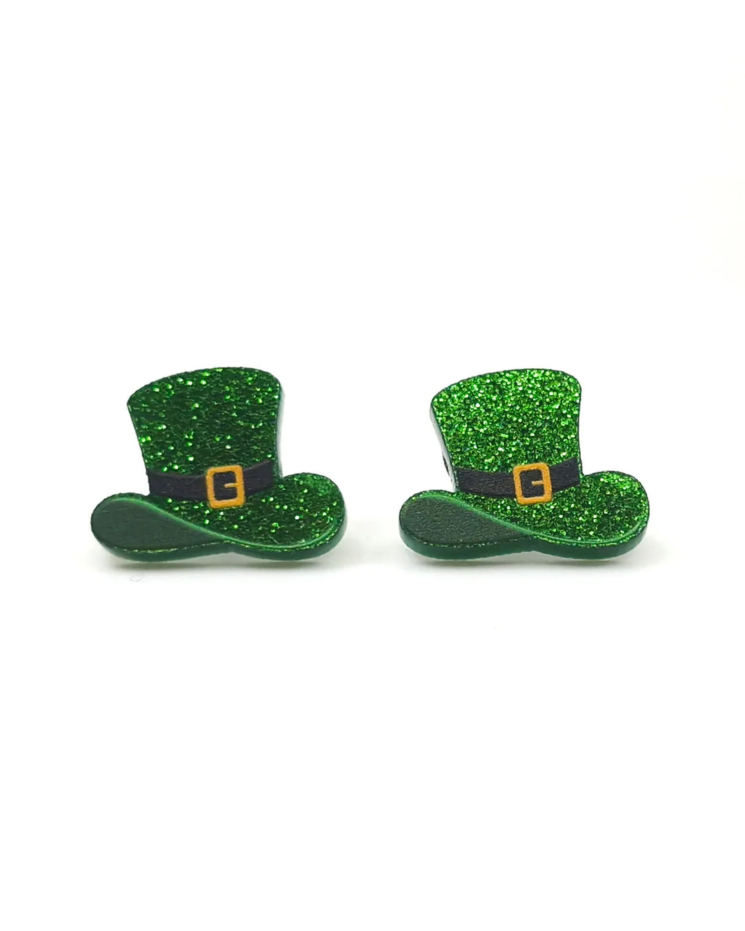 Leprechaun hat stud earrings with green glitter finish for St Patrick’s Day