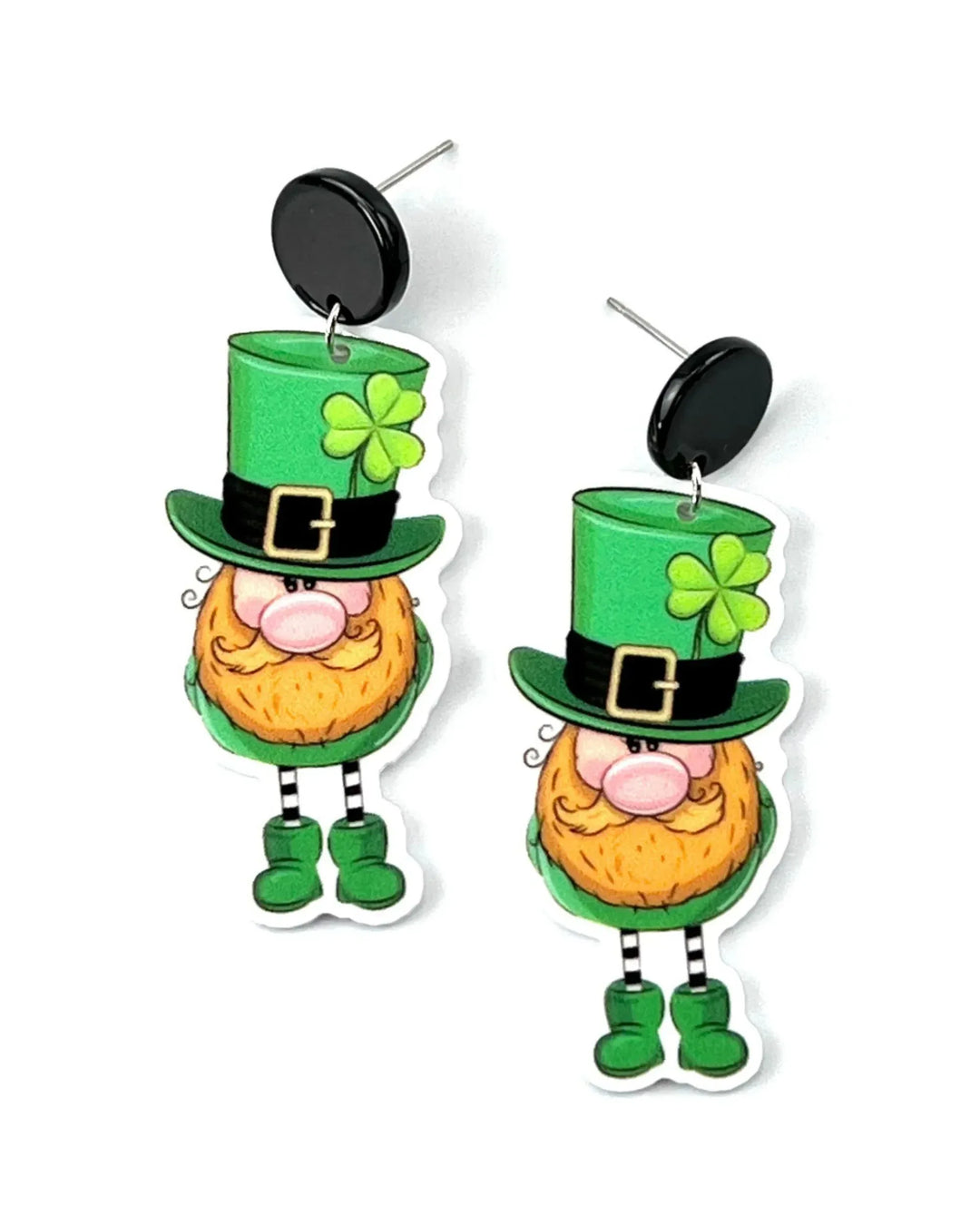 Lucky Leprechaun drop earrings featuring green leprechaun characters with shamrock hats for St Patrick’s Day
