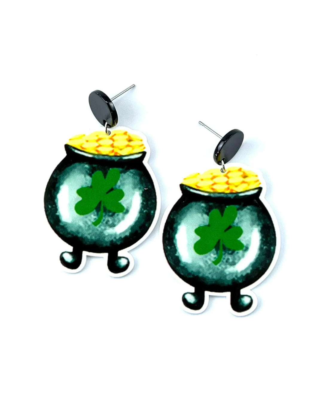 Lucky pot of gold drop earrings featuring shamrock detail for St Patrick’s Day