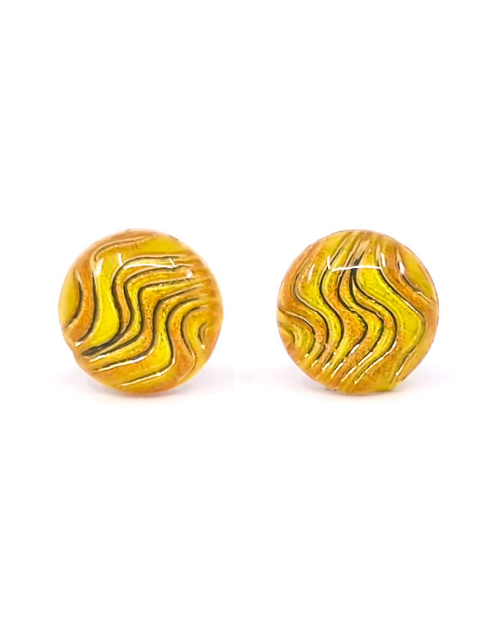 Yellow and gold swirl stud earrings with round glossy finish and soft wavy pattern.