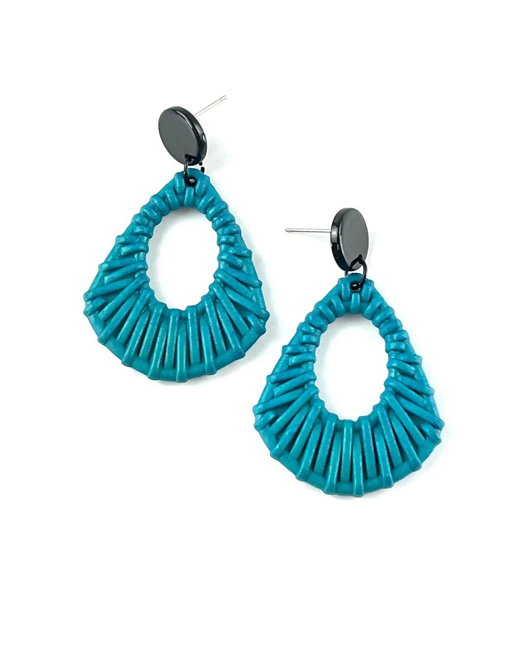 Light blue acrylic woven stud drop earrings with black round stud top