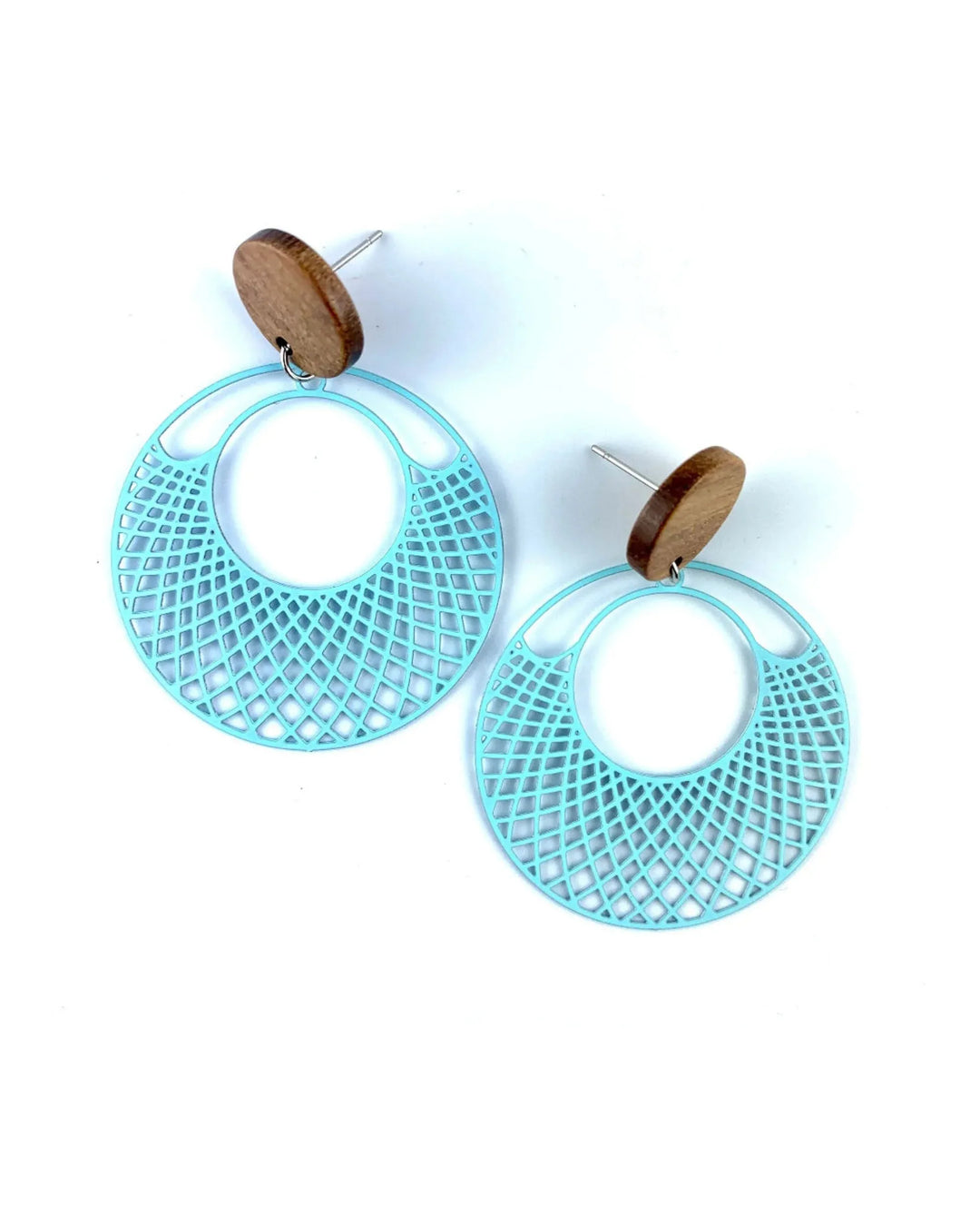 Light blue filigree round earrings with timber stud top and cut-out lattice circle drop on white background