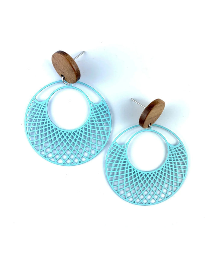 Light blue filigree round earrings with timber stud top and cut-out lattice circle drop on white background