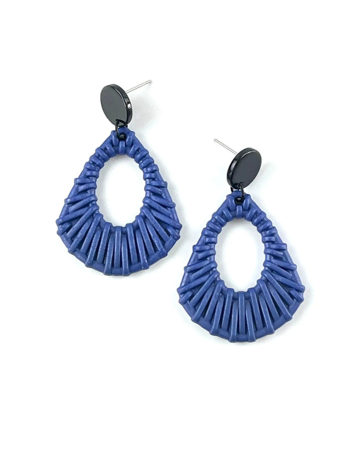 Navy blue acrylic woven stud drop earrings with black round stud top