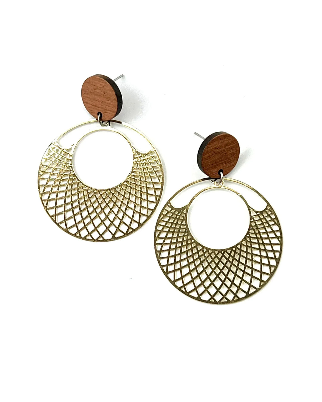 Gold filigree round earrings with timber stud top and cut-out lattice circle drop on white background