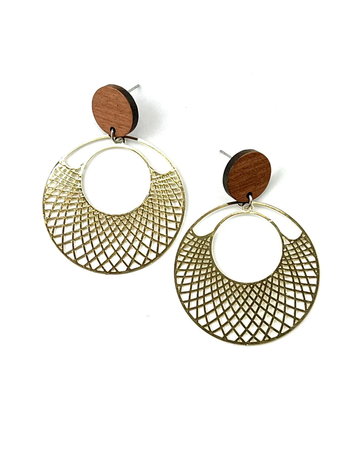 Gold filigree round earrings with timber stud top and cut-out lattice circle drop on white background