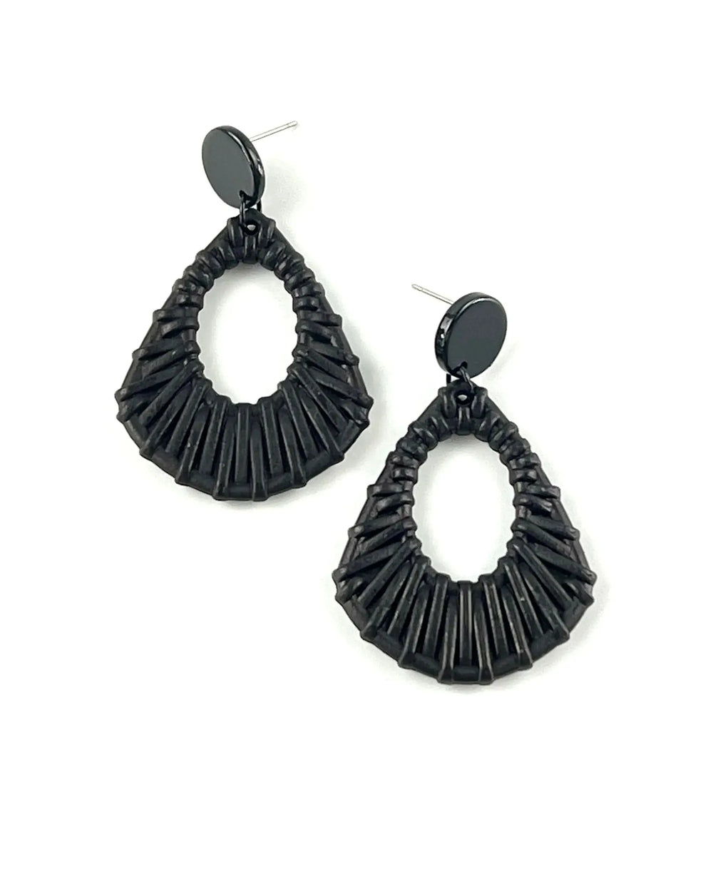 Black acrylic woven stud drop earrings with textured woven finish and black stud top