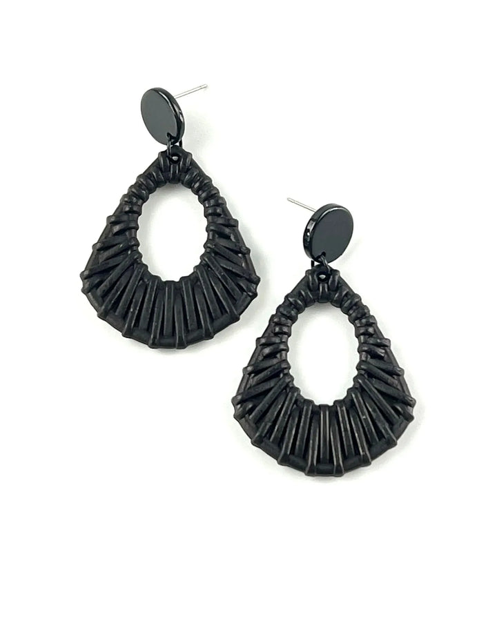 Black acrylic woven stud drop earrings with textured woven finish and black stud top
