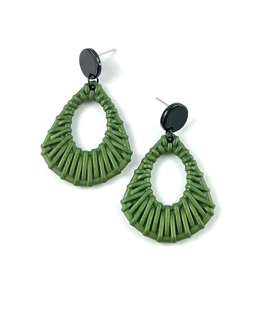 Green acrylic woven stud drop earrings with black round stud top