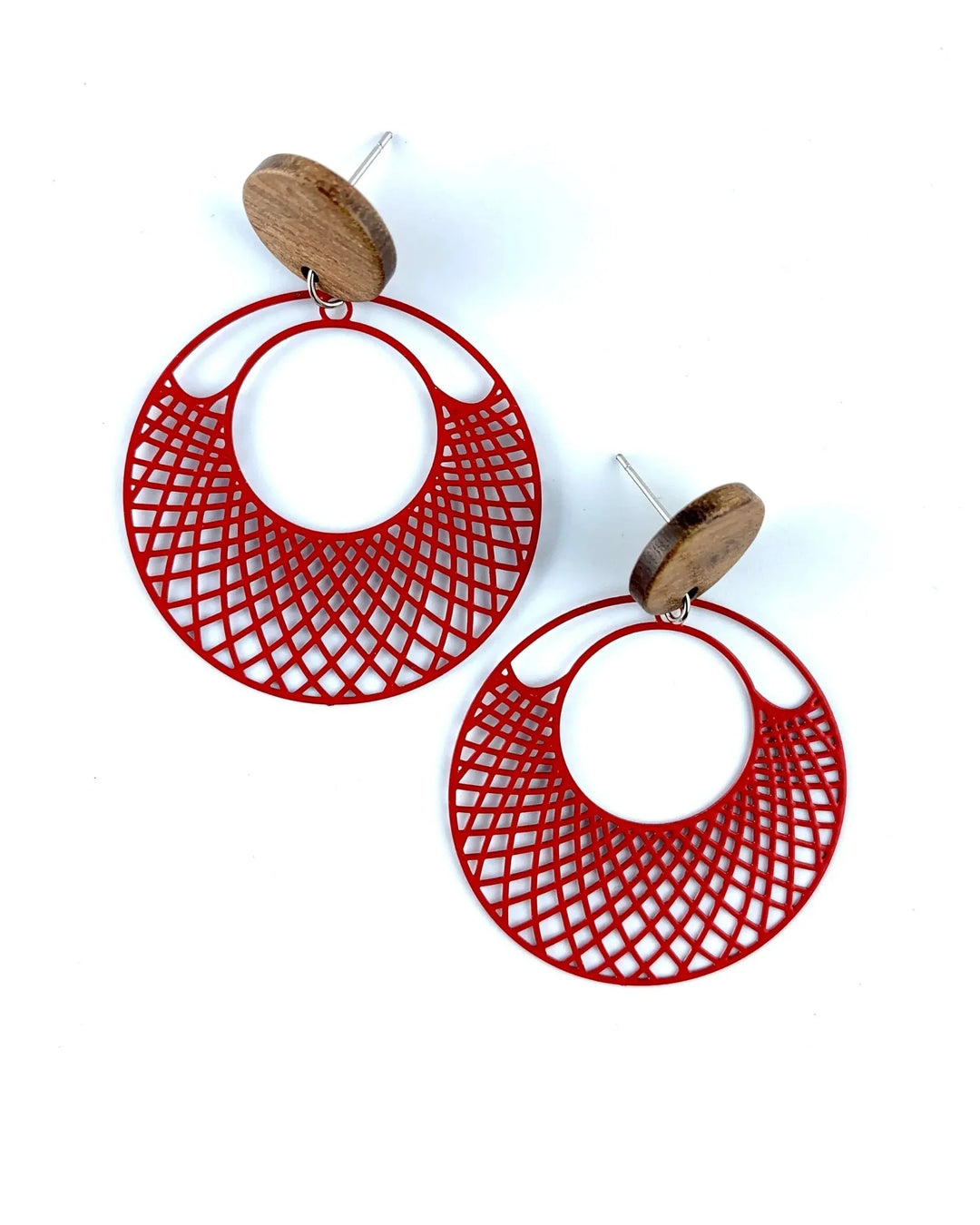Red filigree round earrings with timber stud top and cut-out lattice circle drop on white background
