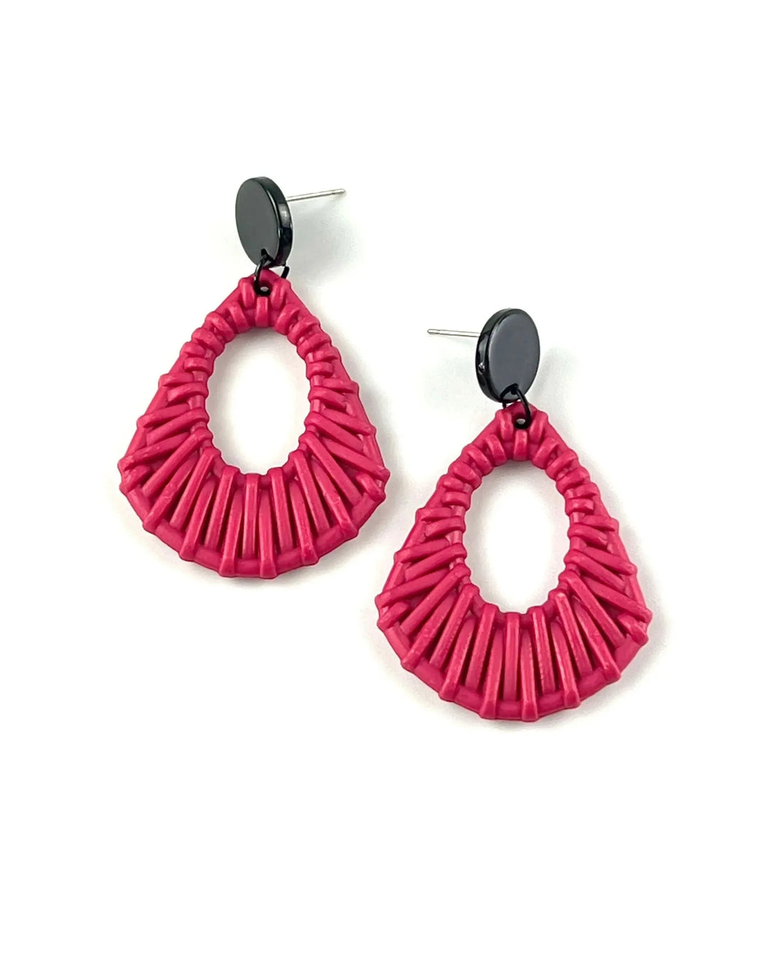 Pink acrylic woven stud drop earrings with black round stud top