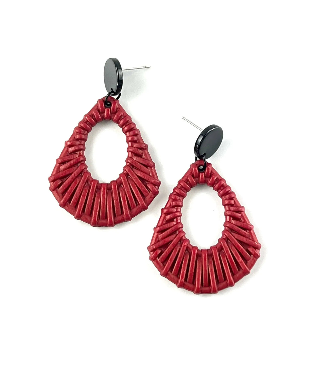 Red acrylic woven stud drop earrings with black round stud top