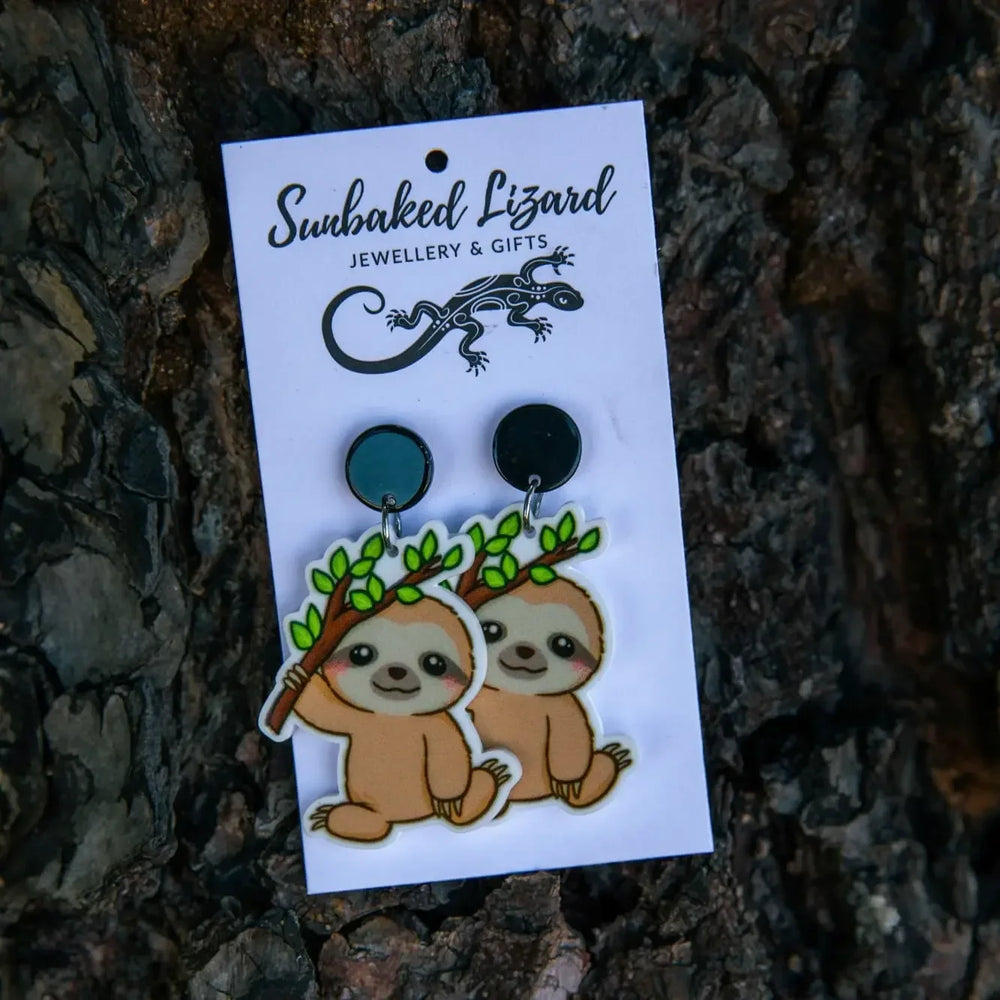 Baby Sloth Holding Branch Stud Drops Sunbaked Lizard Jewellery & Gifts