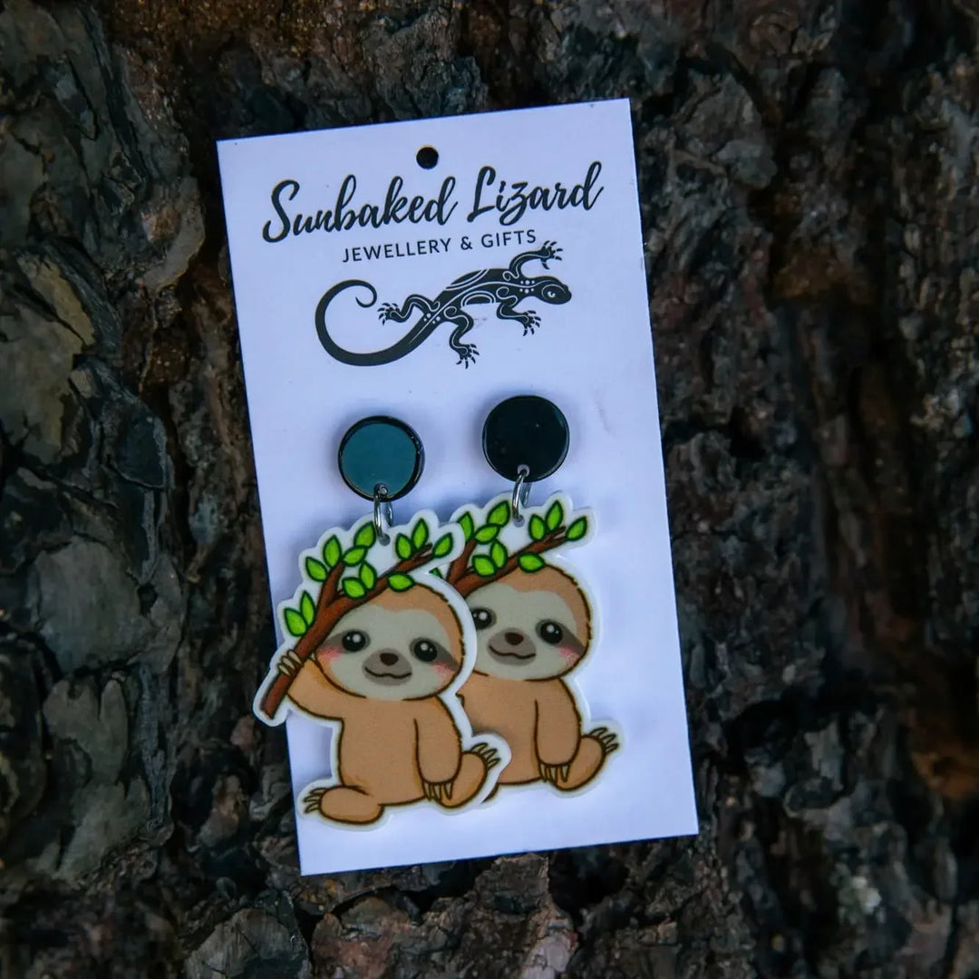 Baby Sloth Holding Branch Stud Drops Sunbaked Lizard Jewellery &amp; Gifts