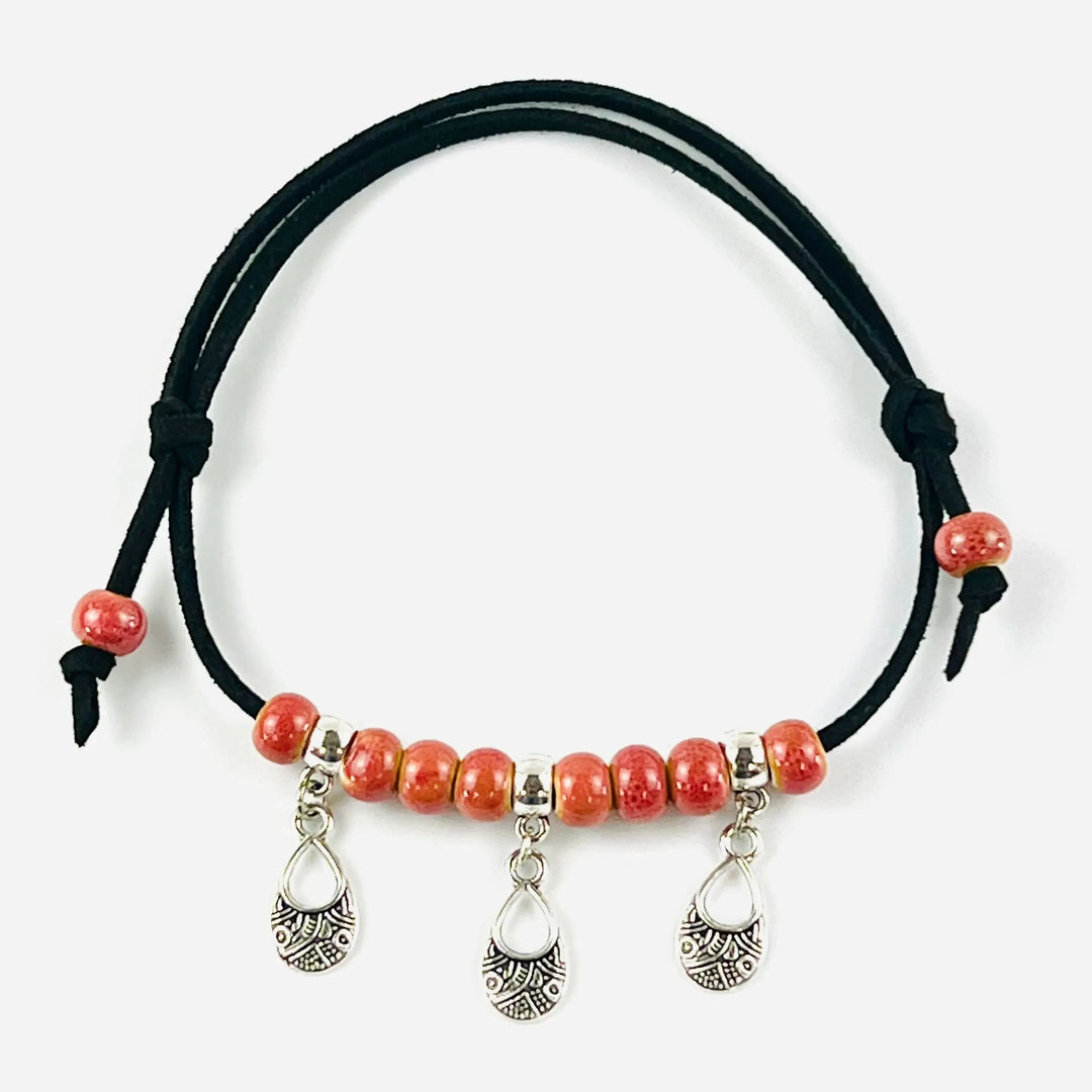 Black Leather Beaded Mandala Charm Anklet Sunbaked Lizard Jewellery & Gifts