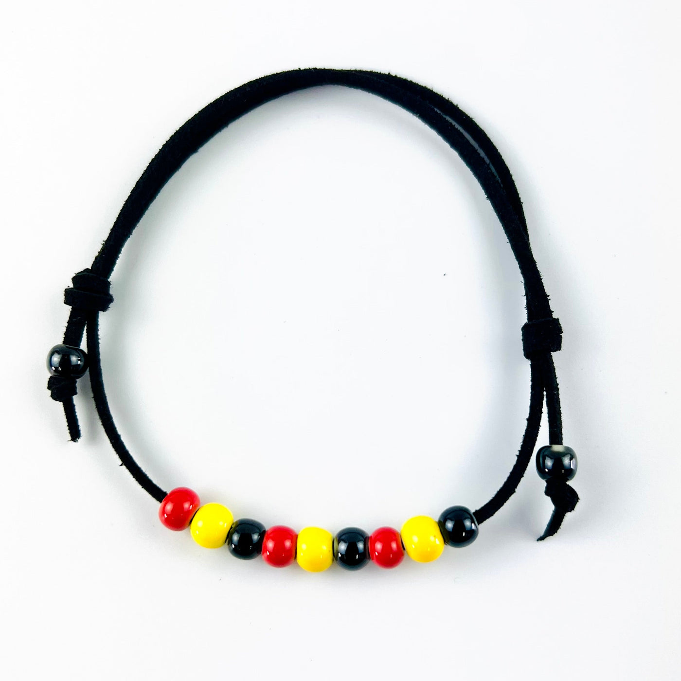 Black Leather Indigenous, Red, Yellow & Black Beaded Anklet
