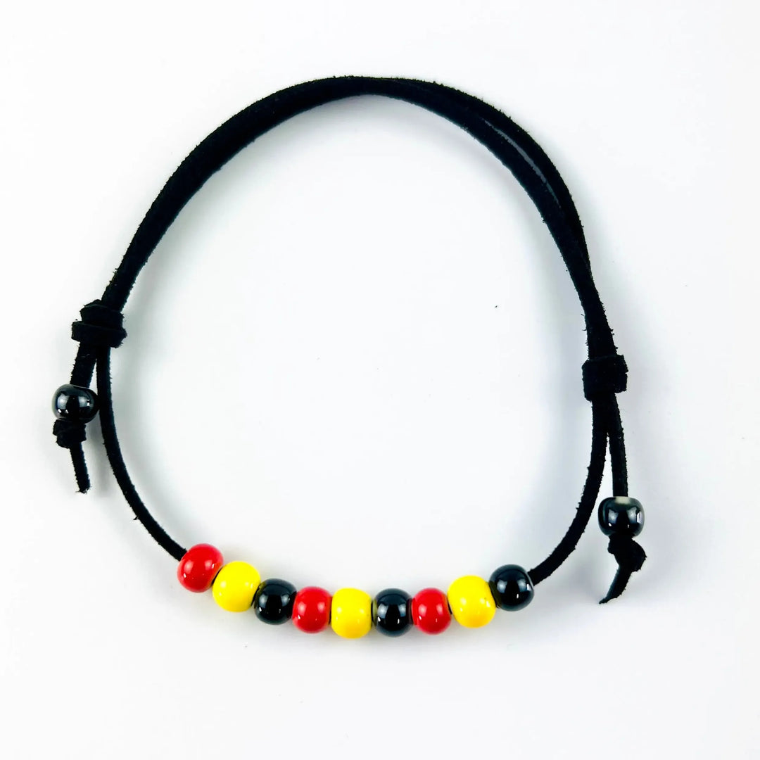 Black Leather Indigenous, Red, Yellow & Black Beaded Anklet Sunbaked Lizard Jewellery & Gifts