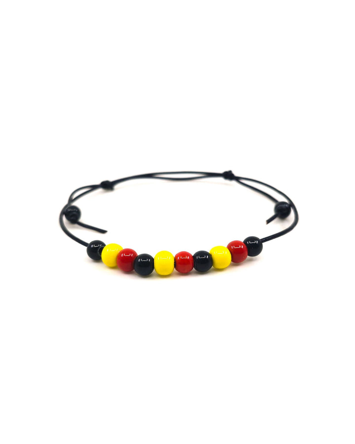 Black Leather Indigenous, Red, Yellow &amp; Black Beaded Anklet Sunbaked Lizard Jewellery &amp; Gifts