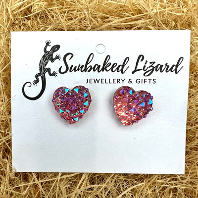 Blue, Pale Pink and Hot Pink Sparkle Heart Studs