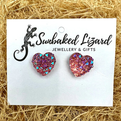 Blue, Pale Pink and Hot Pink Sparkle Heart Studs