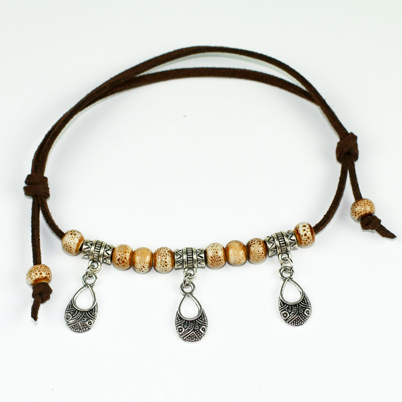 Brown Leather Beaded Mandala Charm Anklet