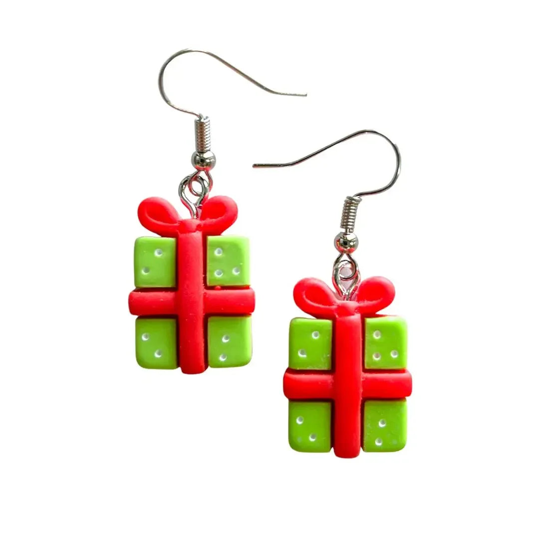 Christmas Present Earrings, fun red and green Christmas drop earrings shaped like festive gifts by Sunbaked Lizard.