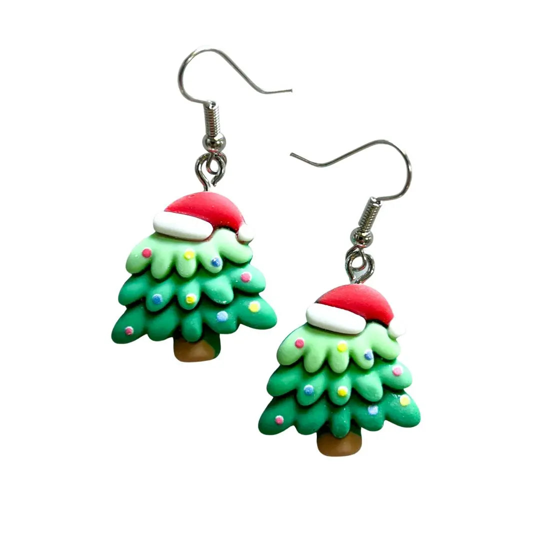 Christmas Tree with a Santa Hat Drop Earrings