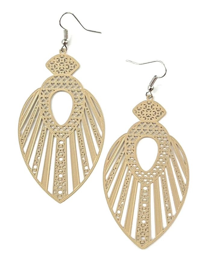 Beige filigree queen statement earrings with intricate cut-out pattern and long boho drop shape