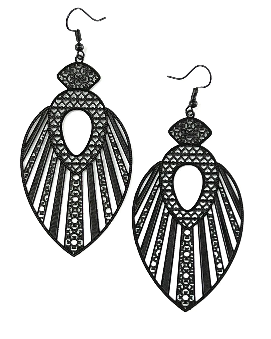 Black filigree queen statement earrings with ornate cut-out detail and long statement drop shape