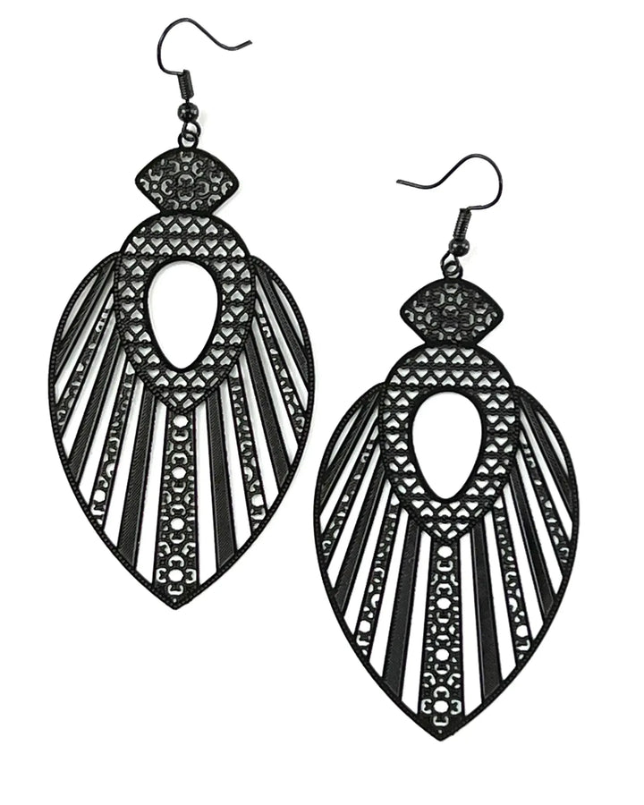Black filigree queen statement earrings with ornate cut-out detail and long statement drop shape
