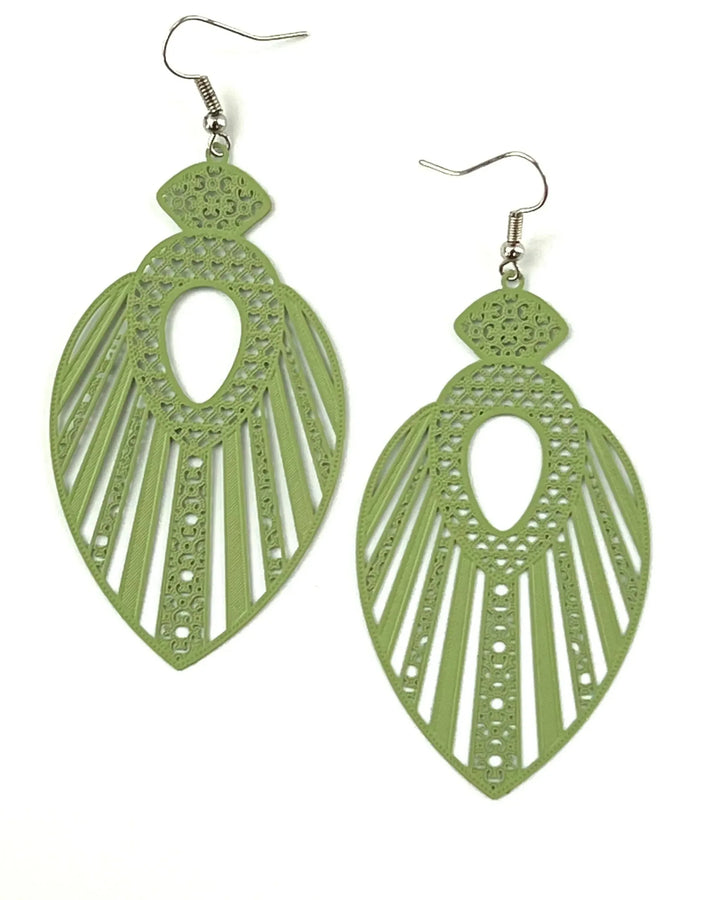 Pastel green filigree queen statement earrings with detailed cut-outs and long lightweight drop shape