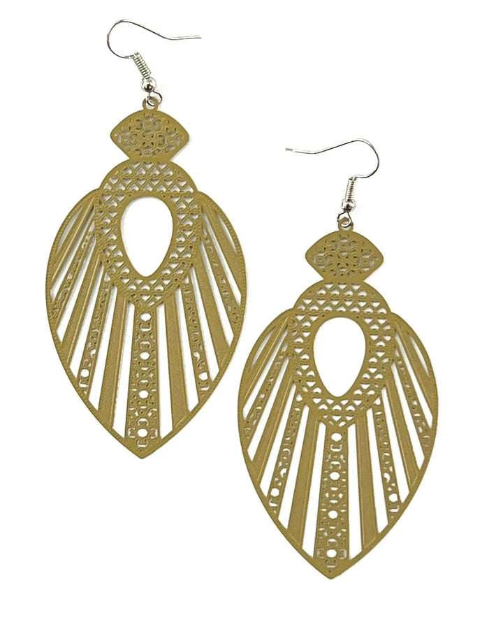 Khaki filigree queen statement earrings with ornate cut-out detail and long statement drop shape
