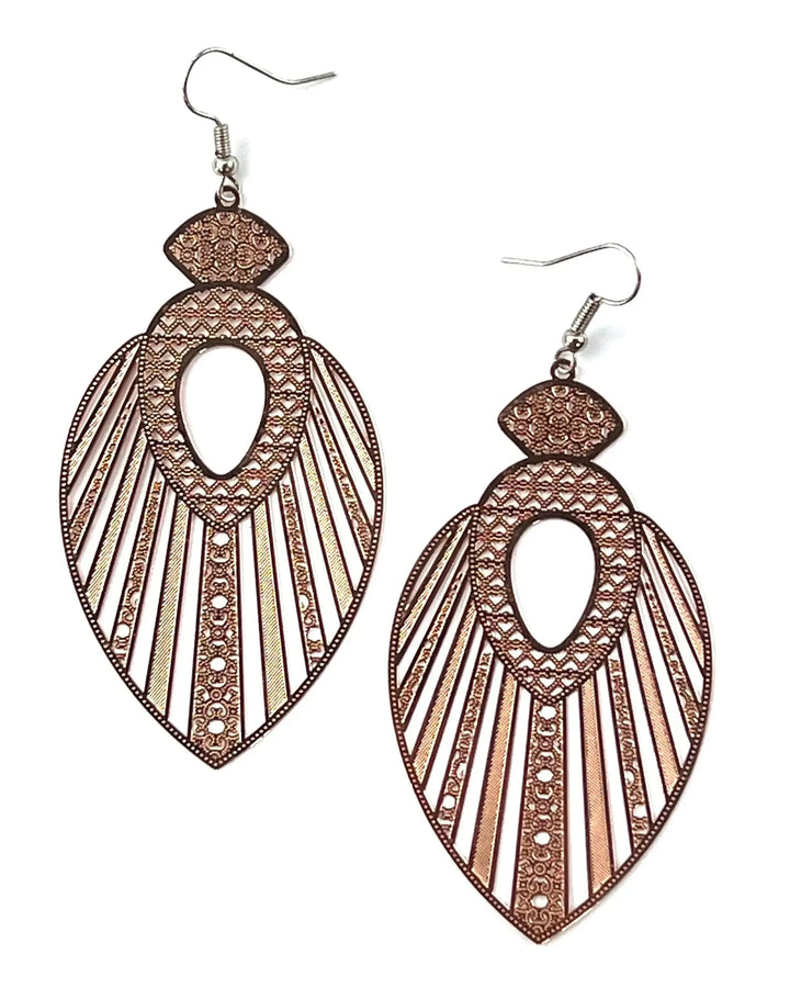 Rose gold filigree queen statement earrings with intricate cut-out pattern and long lightweight drop shape