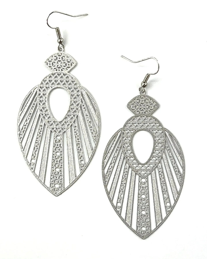 Silver filigree queen statement earrings with intricate cut-out detail and long boho drop shape