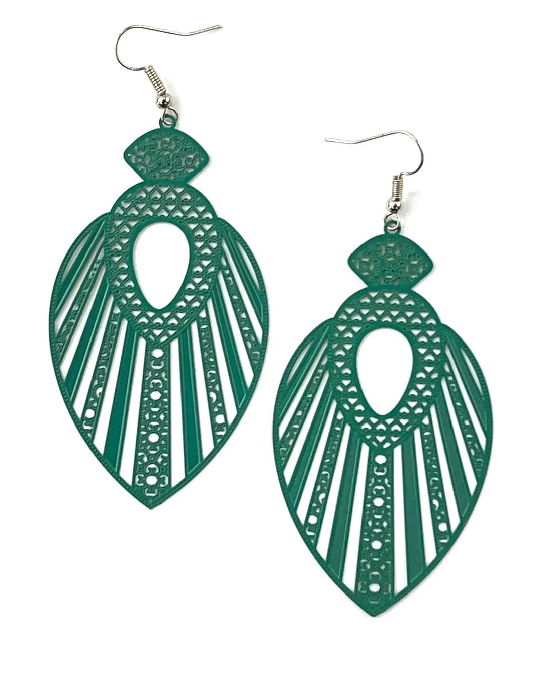 Teal filigree queen statement earrings with ornate cut-out pattern and long boho statement drop shape