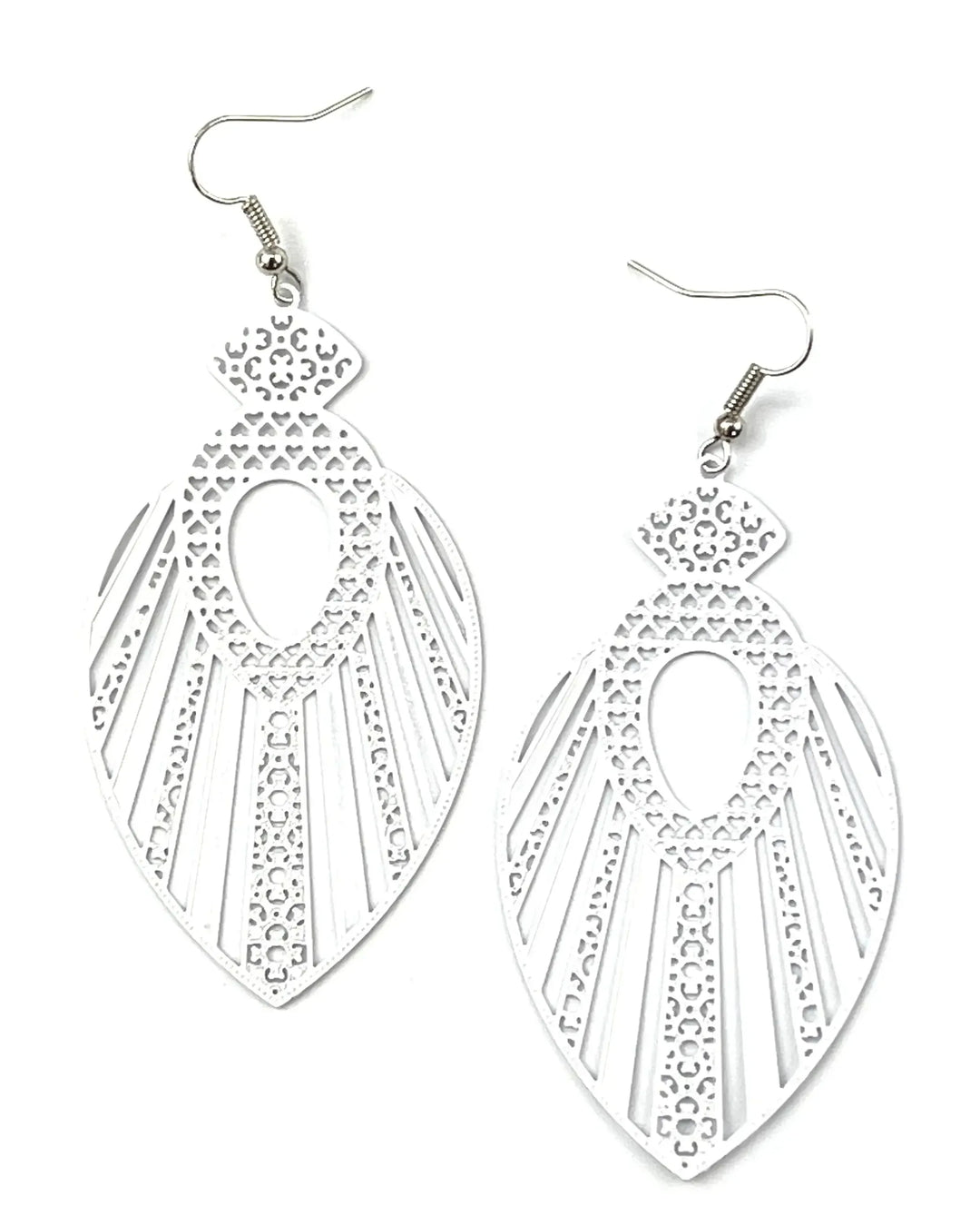 White filigree queen statement earrings with ornate cut-out pattern and long drop shape