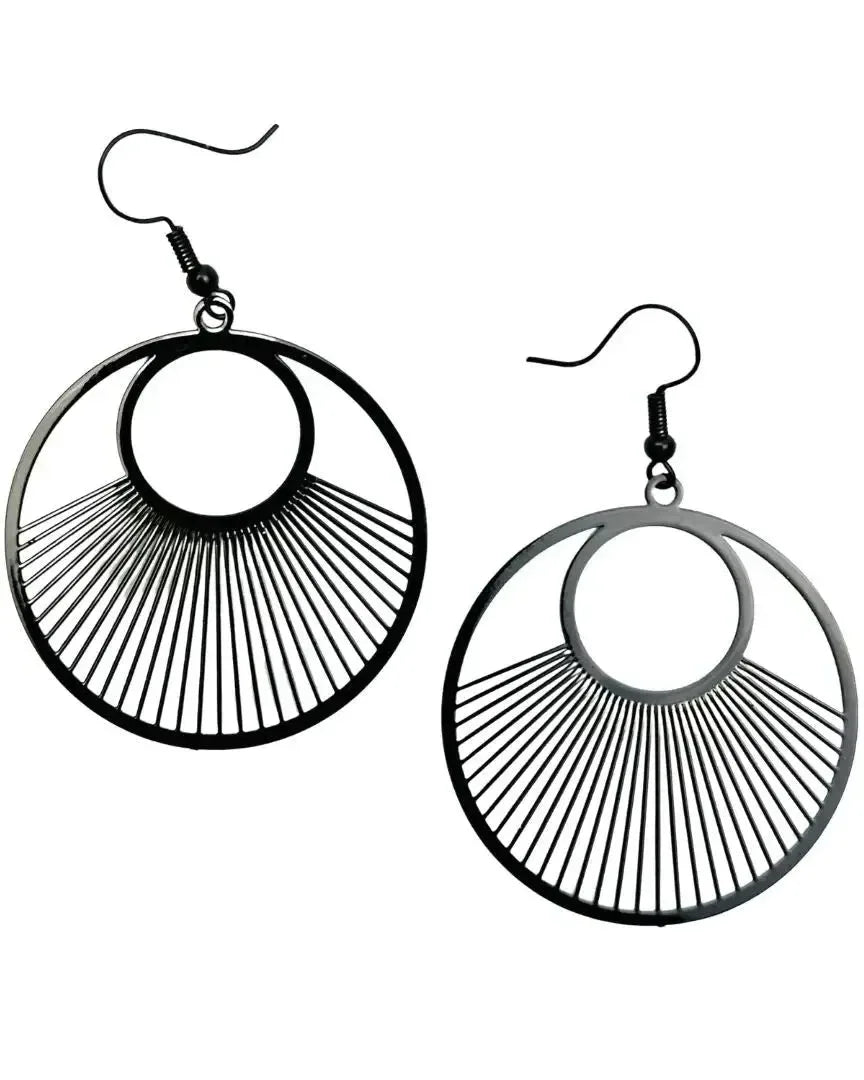 Black filigree round lined dangle earrings with radiating line detail and dark hooks on white background