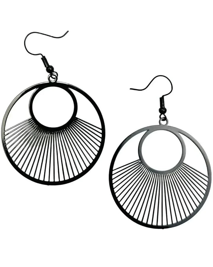 Black filigree round lined dangle earrings with radiating line detail and dark hooks on white background