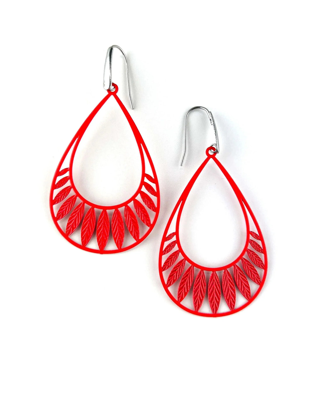 Bright orange Leafy Droplet Filigree Drop Earrings on white background