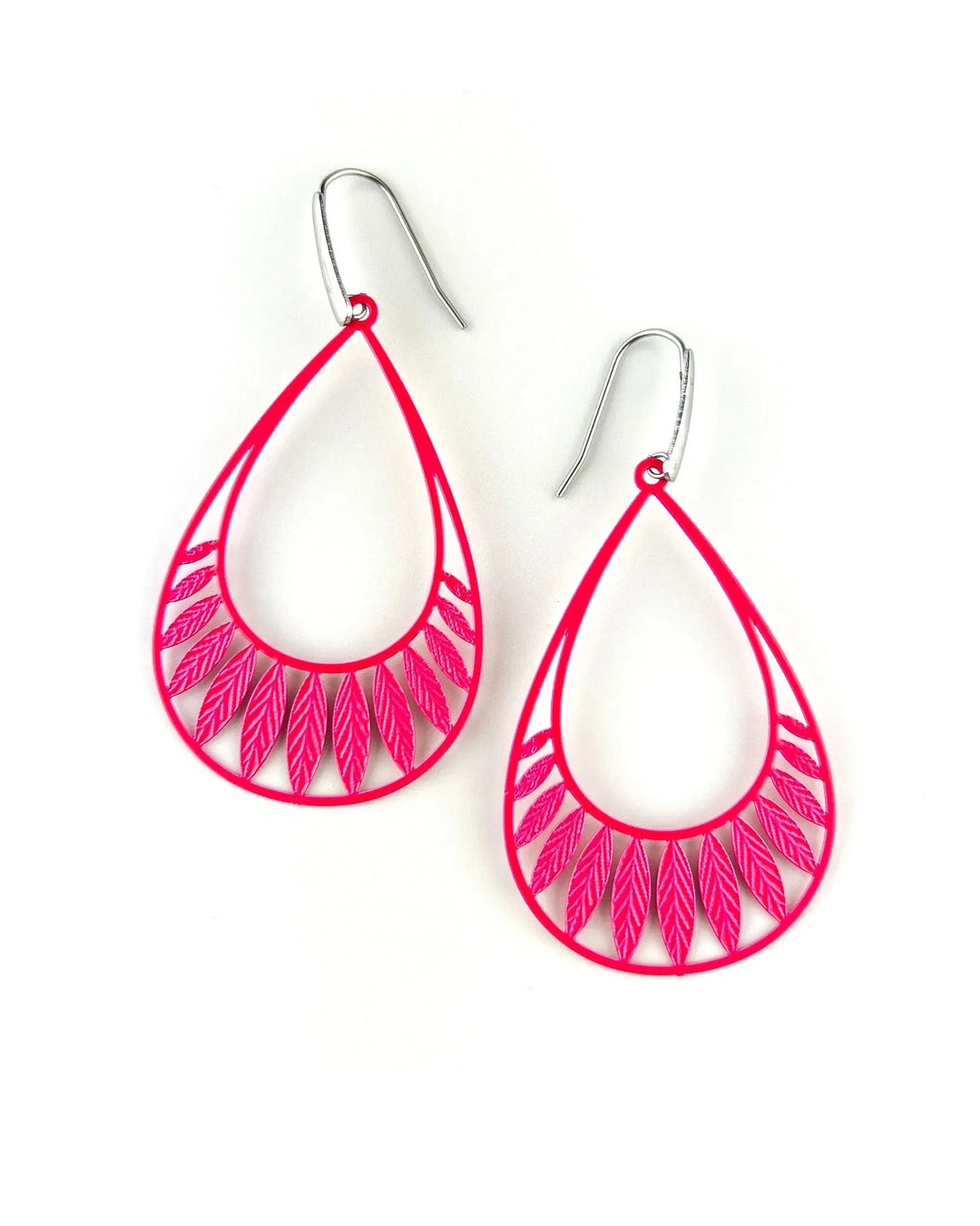 Bright pink Leafy Droplet Filigree Drop Earrings with botanical leaf detail