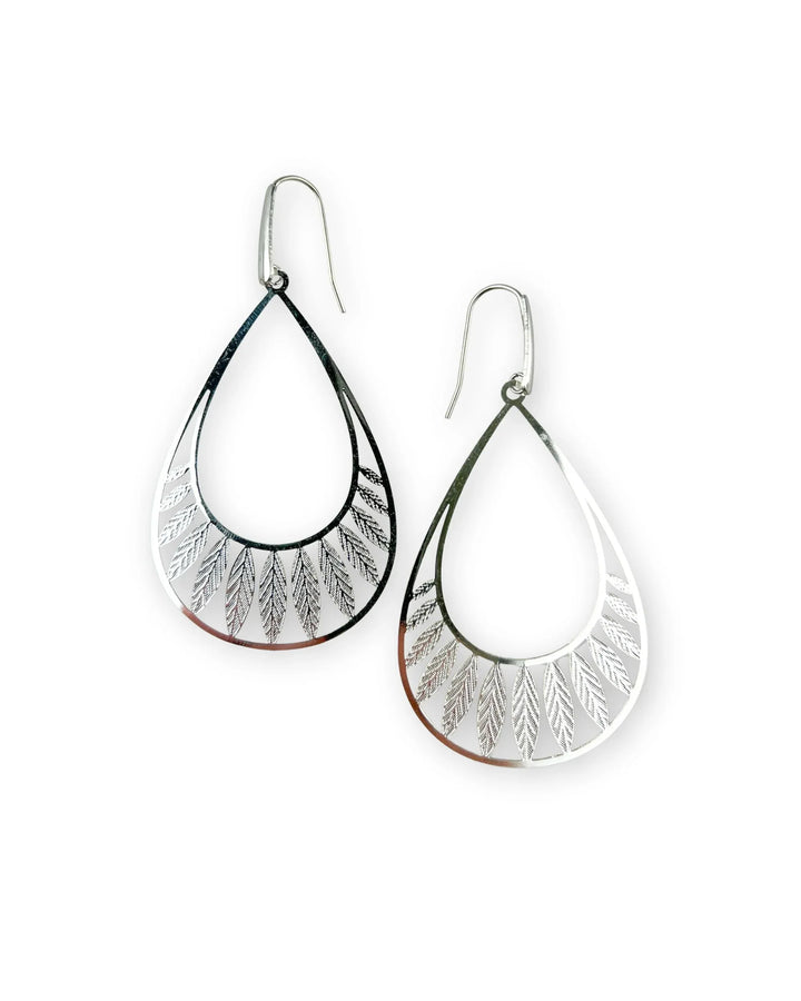 Silver Leafy Droplet Filigree Drop Earrings with detailed leaf pattern