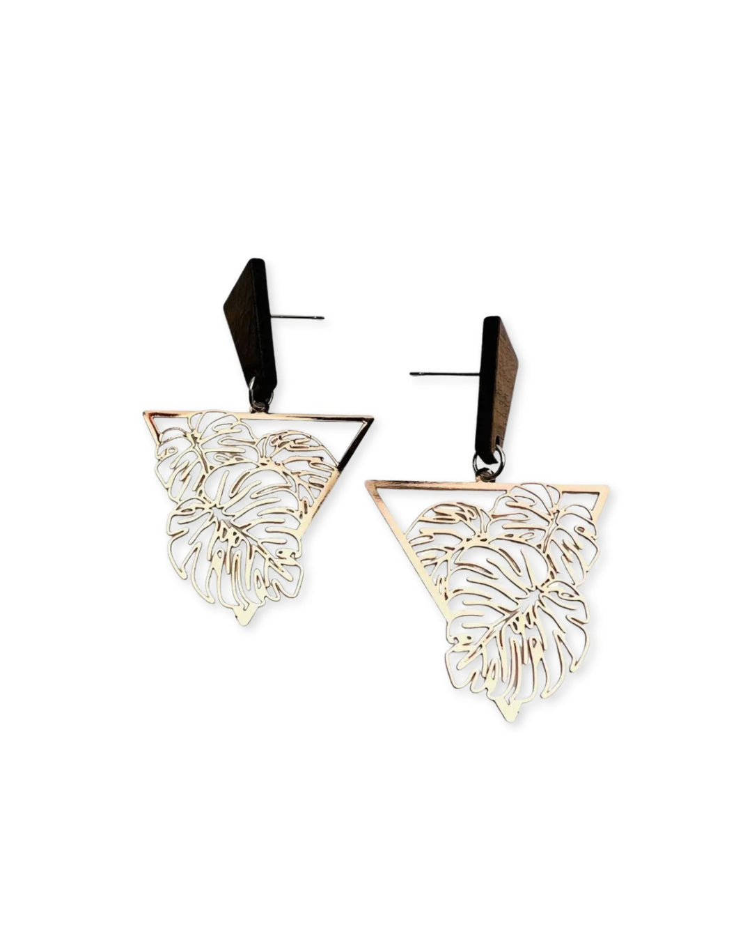 Rose Gold monstera leaf dangle earrings with timber stud by Sunbaked Lizard Australia