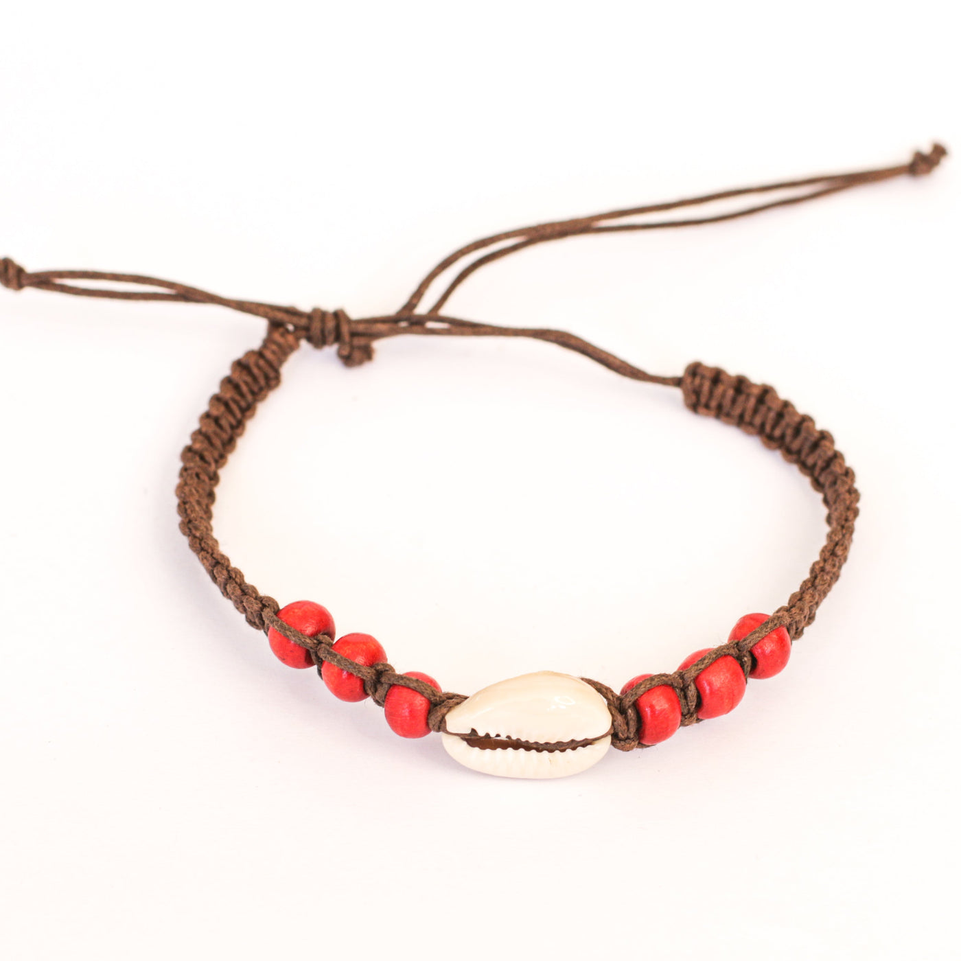 Natural Cowrie Shell/Beaded Bracelet. Red/Cream