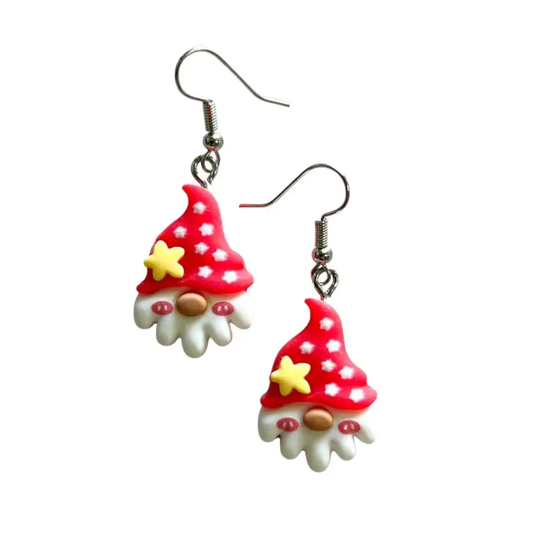 Santa in a Starry Hat Christmas earrings, fun novelty drop earrings with red spotty starry hat 3D charm and nickel-free hooks by Sunbaked Lizard.
